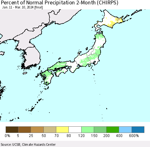Japan Percent of Normal Precipitation 2-Month (CHIRPS) Thematic Map For 1/11/2024 - 3/10/2024