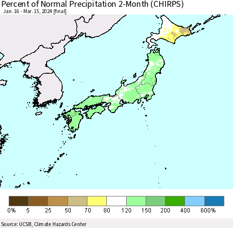 Japan Percent of Normal Precipitation 2-Month (CHIRPS) Thematic Map For 1/16/2024 - 3/15/2024