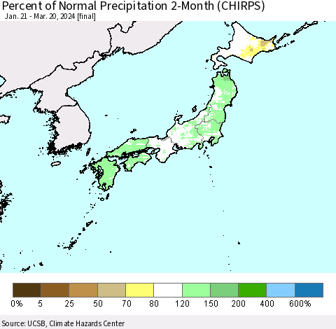 Japan Percent of Normal Precipitation 2-Month (CHIRPS) Thematic Map For 1/21/2024 - 3/20/2024