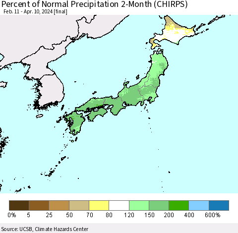 Japan Percent of Normal Precipitation 2-Month (CHIRPS) Thematic Map For 2/11/2024 - 4/10/2024