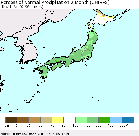 Japan Percent of Normal Precipitation 2-Month (CHIRPS) Thematic Map For 2/11/2024 - 4/10/2024