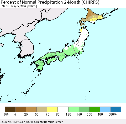 Japan Percent of Normal Precipitation 2-Month (CHIRPS) Thematic Map For 3/6/2024 - 5/5/2024