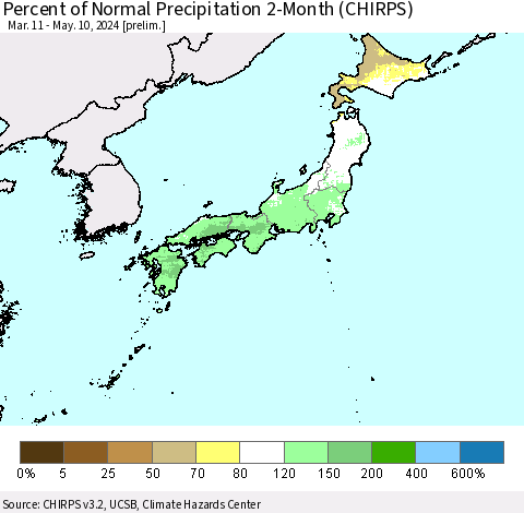 Japan Percent of Normal Precipitation 2-Month (CHIRPS) Thematic Map For 3/11/2024 - 5/10/2024