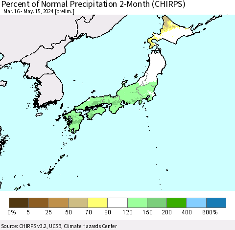 Japan Percent of Normal Precipitation 2-Month (CHIRPS) Thematic Map For 3/16/2024 - 5/15/2024