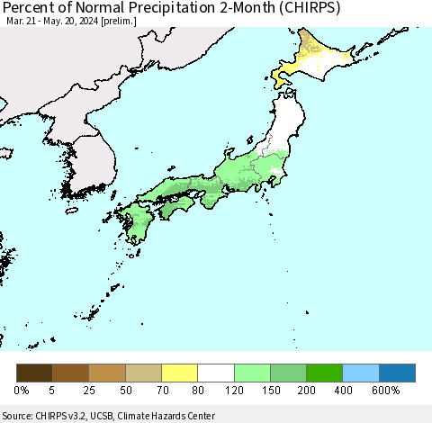 Japan Percent of Normal Precipitation 2-Month (CHIRPS) Thematic Map For 3/21/2024 - 5/20/2024