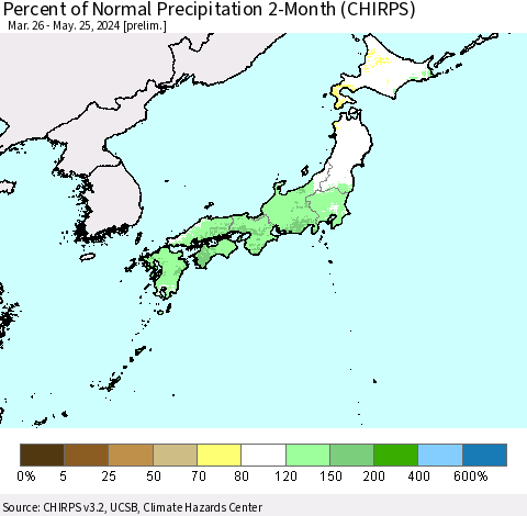 Japan Percent of Normal Precipitation 2-Month (CHIRPS) Thematic Map For 3/26/2024 - 5/25/2024
