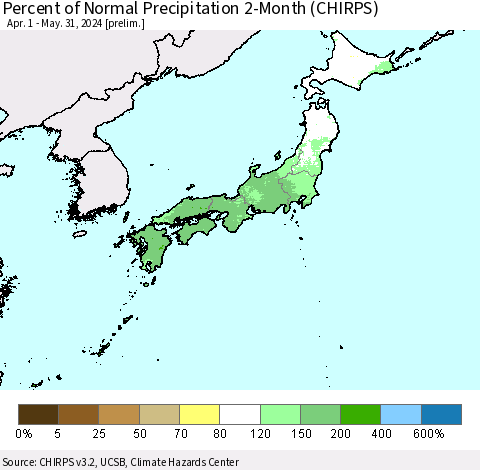Japan Percent of Normal Precipitation 2-Month (CHIRPS) Thematic Map For 4/1/2024 - 5/31/2024