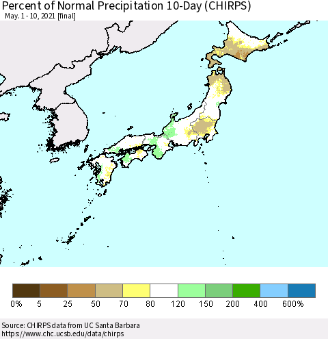 Japan Percent of Normal Precipitation 10-Day (CHIRPS) Thematic Map For 5/1/2021 - 5/10/2021