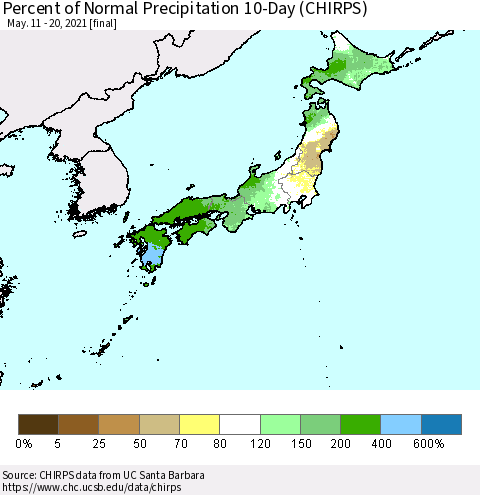 Japan Percent of Normal Precipitation 10-Day (CHIRPS) Thematic Map For 5/11/2021 - 5/20/2021
