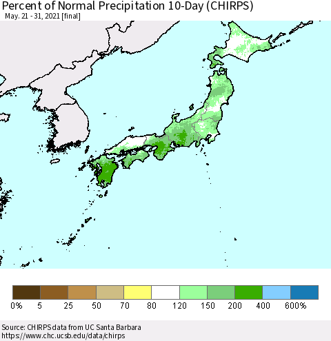 Japan Percent of Normal Precipitation 10-Day (CHIRPS) Thematic Map For 5/21/2021 - 5/31/2021