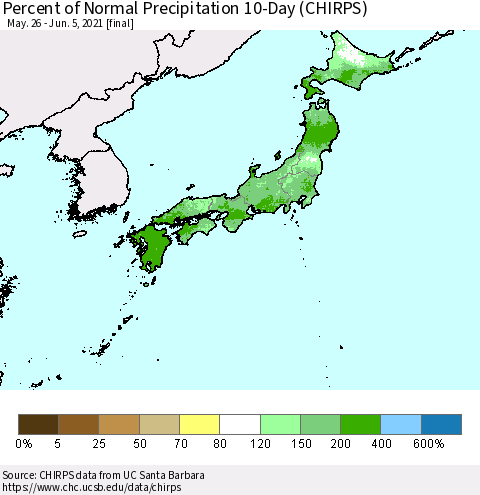 Japan Percent of Normal Precipitation 10-Day (CHIRPS) Thematic Map For 5/26/2021 - 6/5/2021