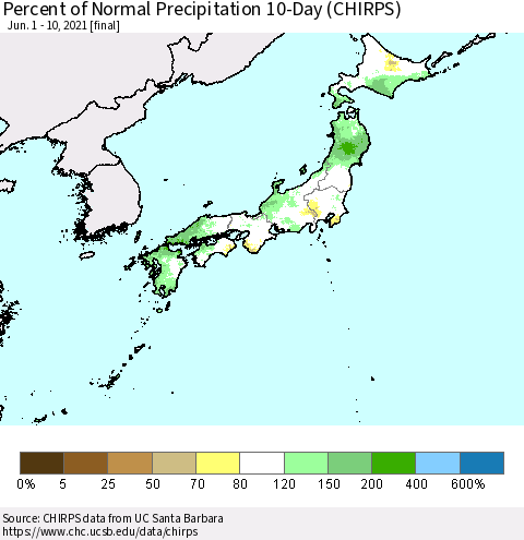 Japan Percent of Normal Precipitation 10-Day (CHIRPS) Thematic Map For 6/1/2021 - 6/10/2021