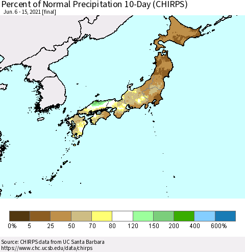 Japan Percent of Normal Precipitation 10-Day (CHIRPS) Thematic Map For 6/6/2021 - 6/15/2021