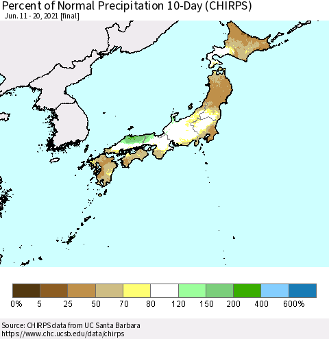 Japan Percent of Normal Precipitation 10-Day (CHIRPS) Thematic Map For 6/11/2021 - 6/20/2021