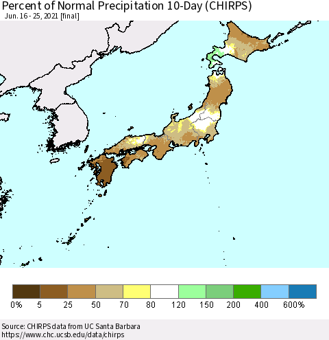 Japan Percent of Normal Precipitation 10-Day (CHIRPS) Thematic Map For 6/16/2021 - 6/25/2021