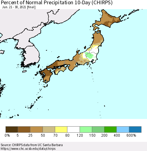 Japan Percent of Normal Precipitation 10-Day (CHIRPS) Thematic Map For 6/21/2021 - 6/30/2021