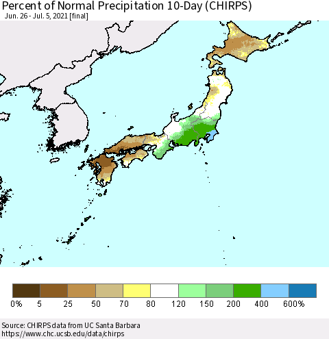 Japan Percent of Normal Precipitation 10-Day (CHIRPS) Thematic Map For 6/26/2021 - 7/5/2021