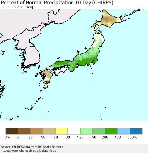 Japan Percent of Normal Precipitation 10-Day (CHIRPS) Thematic Map For 7/1/2021 - 7/10/2021