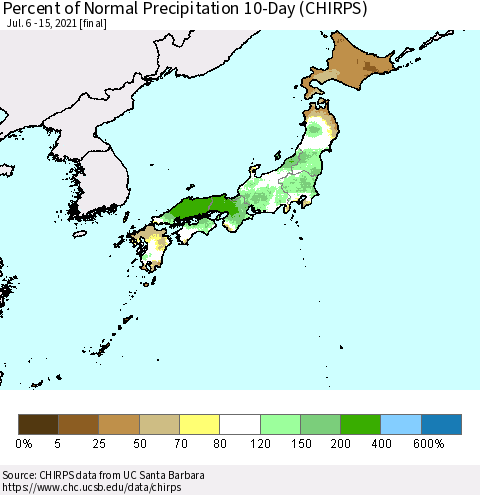 Japan Percent of Normal Precipitation 10-Day (CHIRPS) Thematic Map For 7/6/2021 - 7/15/2021