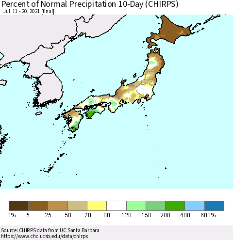 Japan Percent of Normal Precipitation 10-Day (CHIRPS) Thematic Map For 7/11/2021 - 7/20/2021