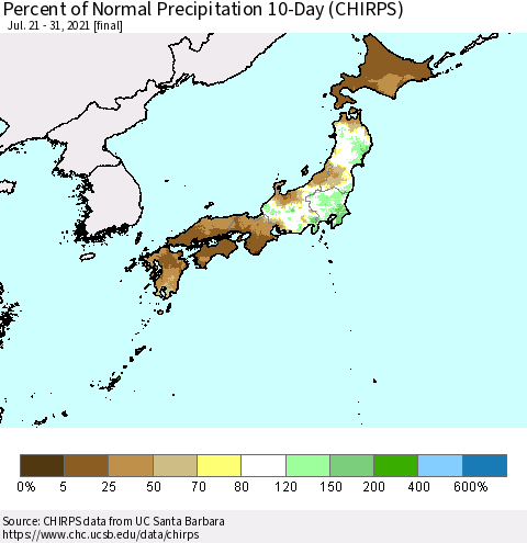 Japan Percent of Normal Precipitation 10-Day (CHIRPS) Thematic Map For 7/21/2021 - 7/31/2021