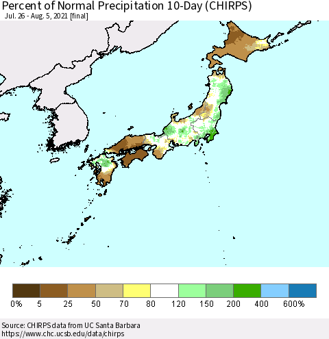 Japan Percent of Normal Precipitation 10-Day (CHIRPS) Thematic Map For 7/26/2021 - 8/5/2021