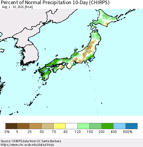 Japan Percent of Normal Precipitation 10-Day (CHIRPS) Thematic Map For 8/1/2021 - 8/10/2021
