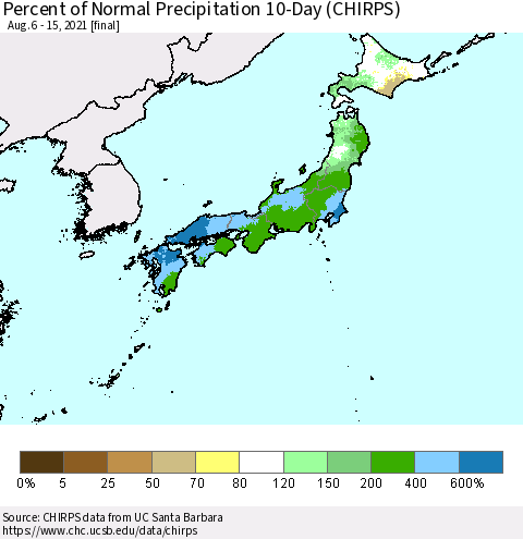 Japan Percent of Normal Precipitation 10-Day (CHIRPS) Thematic Map For 8/6/2021 - 8/15/2021