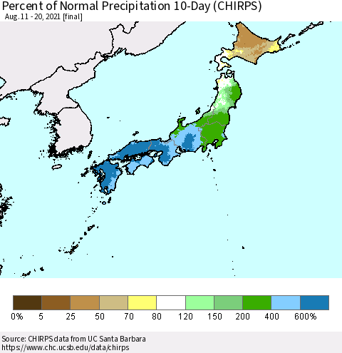 Japan Percent of Normal Precipitation 10-Day (CHIRPS) Thematic Map For 8/11/2021 - 8/20/2021