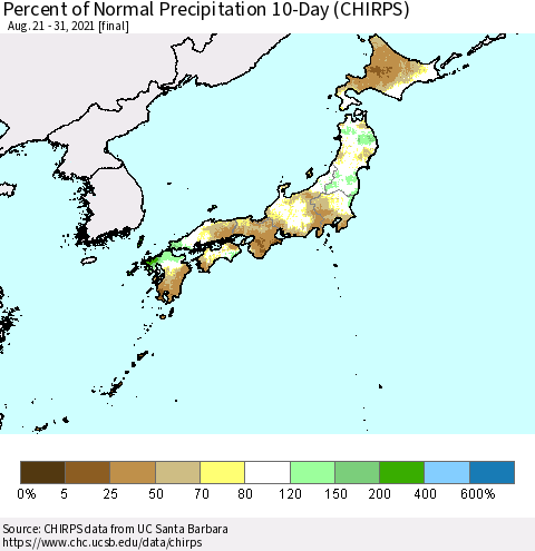 Japan Percent of Normal Precipitation 10-Day (CHIRPS) Thematic Map For 8/21/2021 - 8/31/2021
