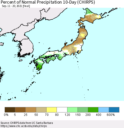 Japan Percent of Normal Precipitation 10-Day (CHIRPS) Thematic Map For 9/11/2021 - 9/20/2021