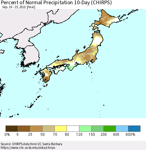 Japan Percent of Normal Precipitation 10-Day (CHIRPS) Thematic Map For 9/16/2021 - 9/25/2021