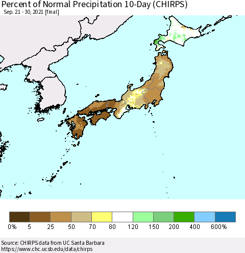 Japan Percent of Normal Precipitation 10-Day (CHIRPS) Thematic Map For 9/21/2021 - 9/30/2021