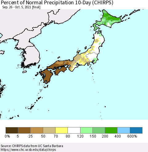 Japan Percent of Normal Precipitation 10-Day (CHIRPS) Thematic Map For 9/26/2021 - 10/5/2021