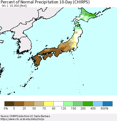 Japan Percent of Normal Precipitation 10-Day (CHIRPS) Thematic Map For 10/1/2021 - 10/10/2021