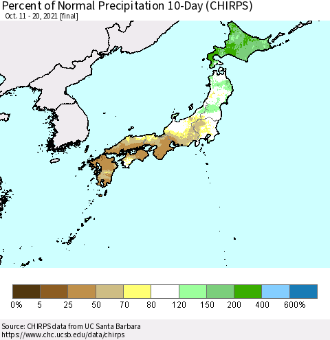 Japan Percent of Normal Precipitation 10-Day (CHIRPS) Thematic Map For 10/11/2021 - 10/20/2021