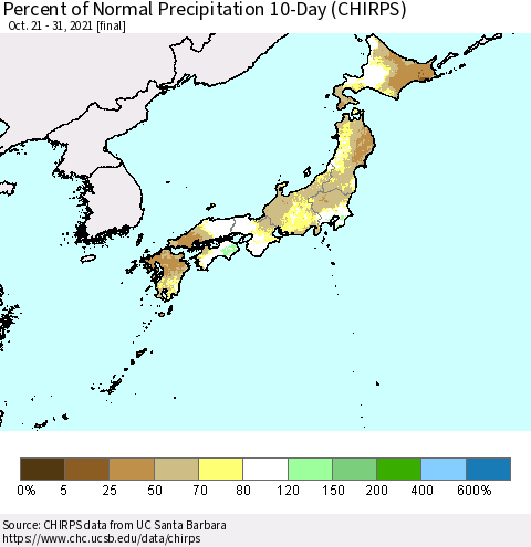 Japan Percent of Normal Precipitation 10-Day (CHIRPS) Thematic Map For 10/21/2021 - 10/31/2021