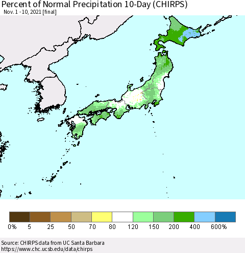 Japan Percent of Normal Precipitation 10-Day (CHIRPS) Thematic Map For 11/1/2021 - 11/10/2021