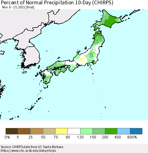 Japan Percent of Normal Precipitation 10-Day (CHIRPS) Thematic Map For 11/6/2021 - 11/15/2021