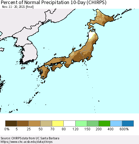 Japan Percent of Normal Precipitation 10-Day (CHIRPS) Thematic Map For 11/11/2021 - 11/20/2021