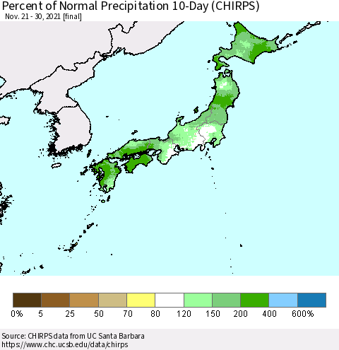 Japan Percent of Normal Precipitation 10-Day (CHIRPS) Thematic Map For 11/21/2021 - 11/30/2021