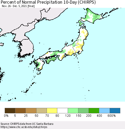 Japan Percent of Normal Precipitation 10-Day (CHIRPS) Thematic Map For 11/26/2021 - 12/5/2021