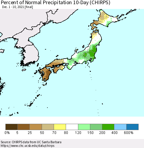 Japan Percent of Normal Precipitation 10-Day (CHIRPS) Thematic Map For 12/1/2021 - 12/10/2021
