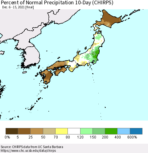 Japan Percent of Normal Precipitation 10-Day (CHIRPS) Thematic Map For 12/6/2021 - 12/15/2021