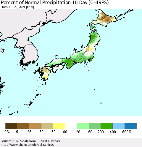 Japan Percent of Normal Precipitation 10-Day (CHIRPS) Thematic Map For 12/11/2021 - 12/20/2021