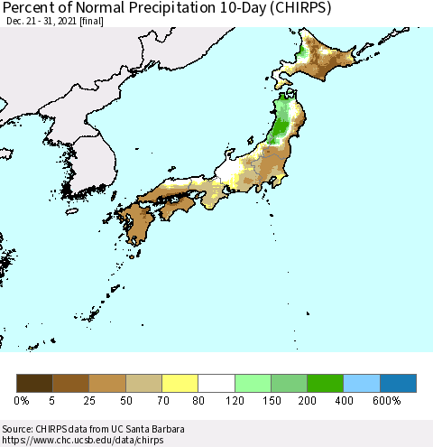 Japan Percent of Normal Precipitation 10-Day (CHIRPS) Thematic Map For 12/21/2021 - 12/31/2021