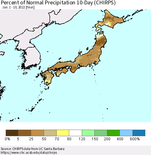 Japan Percent of Normal Precipitation 10-Day (CHIRPS) Thematic Map For 1/1/2022 - 1/10/2022