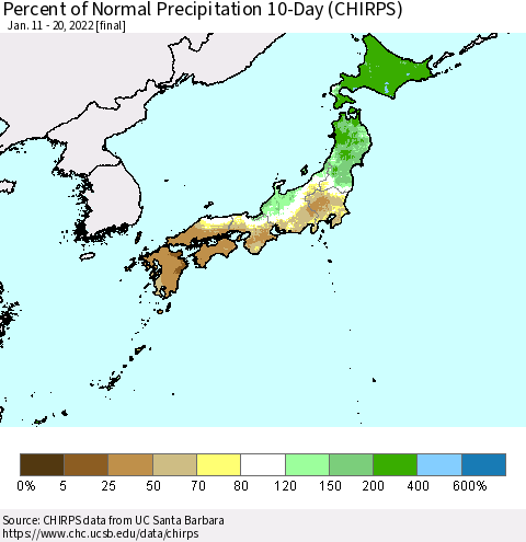 Japan Percent of Normal Precipitation 10-Day (CHIRPS) Thematic Map For 1/11/2022 - 1/20/2022