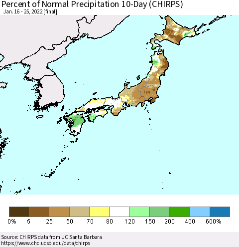 Japan Percent of Normal Precipitation 10-Day (CHIRPS) Thematic Map For 1/16/2022 - 1/25/2022