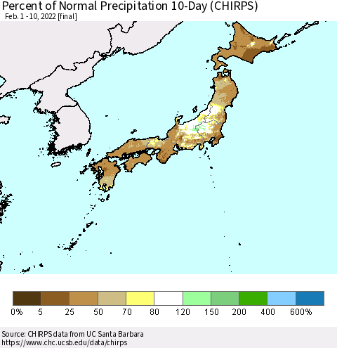Japan Percent of Normal Precipitation 10-Day (CHIRPS) Thematic Map For 2/1/2022 - 2/10/2022
